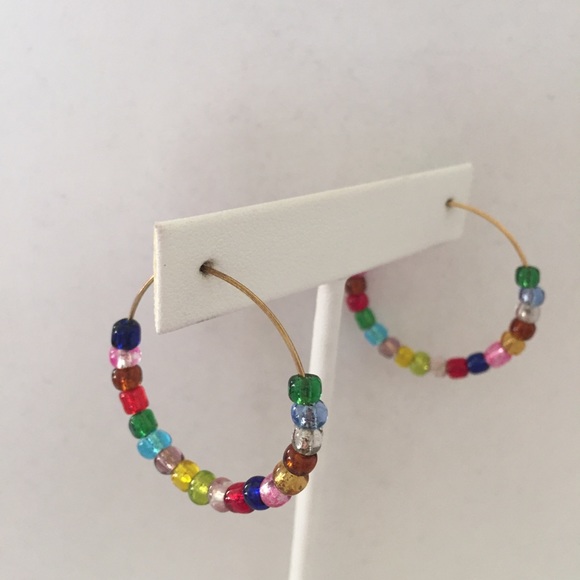 HAND CRAFTED Hoop Earrings Jewel Tones Multicolor Rainbow Pierced - Picture 3 of 12